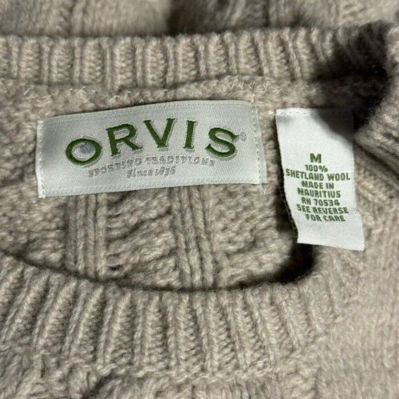 Orvis Cream 100% Shetland Wool Cable Knit Chunky Fisherman Sweater Sz M - Picture 2 of 7